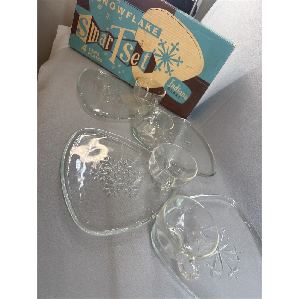 Indiana Glass Snowflake Pattern 8 piece Snack Set in original box circa 1955